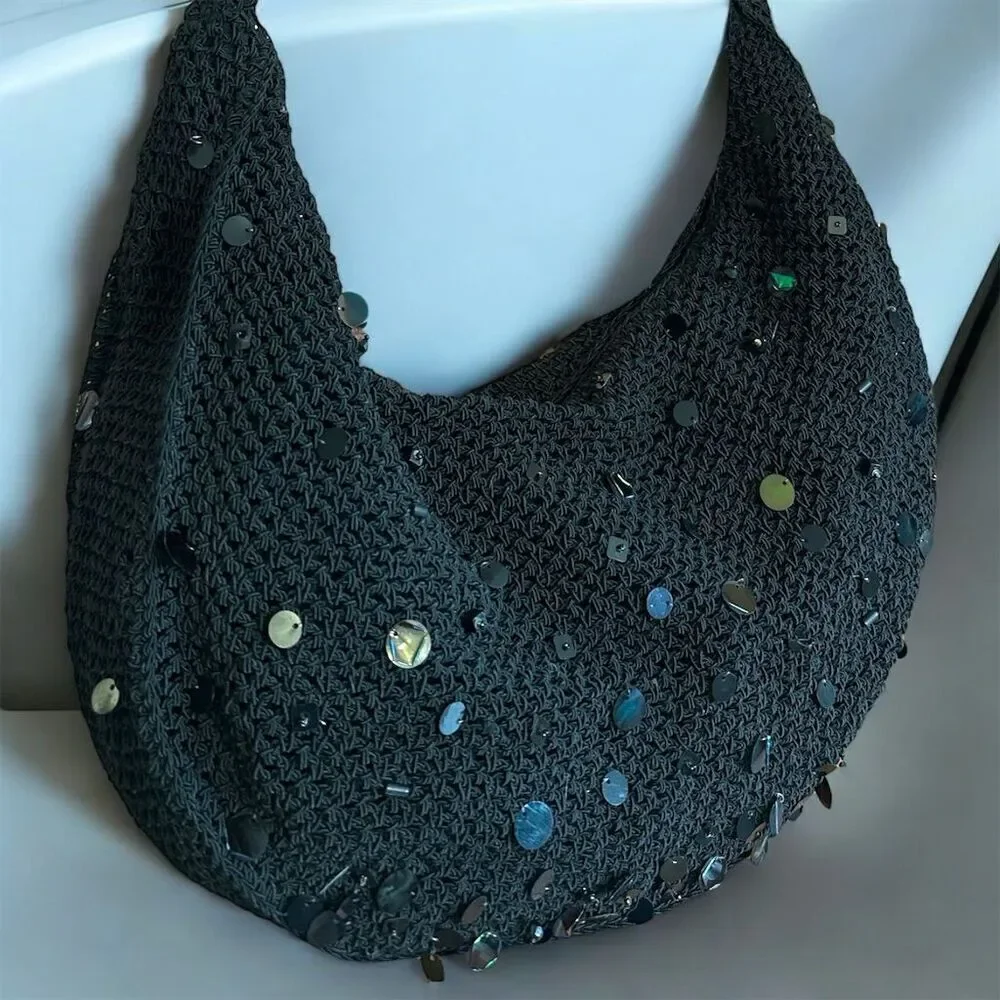 Cappelli Straworld Women's Black Crocheted Beaded Sequins Boho Y2K Shoulder Bag